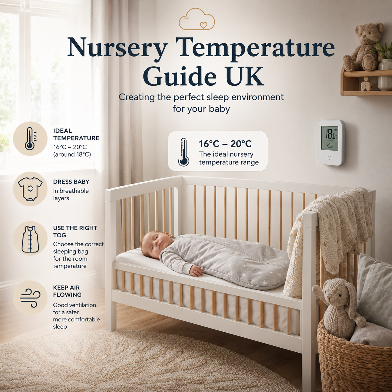 Nursery temperature guide UK showing ideal baby room temperature and safe sleep setup