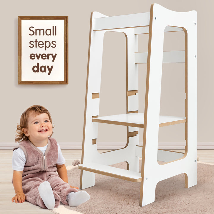 Love For Sleep baby Kitchen Helper White Pine Montessori Learning Tower – Adjustable Wooden Kitchen Step Stool for Toddlers | Modern ONE