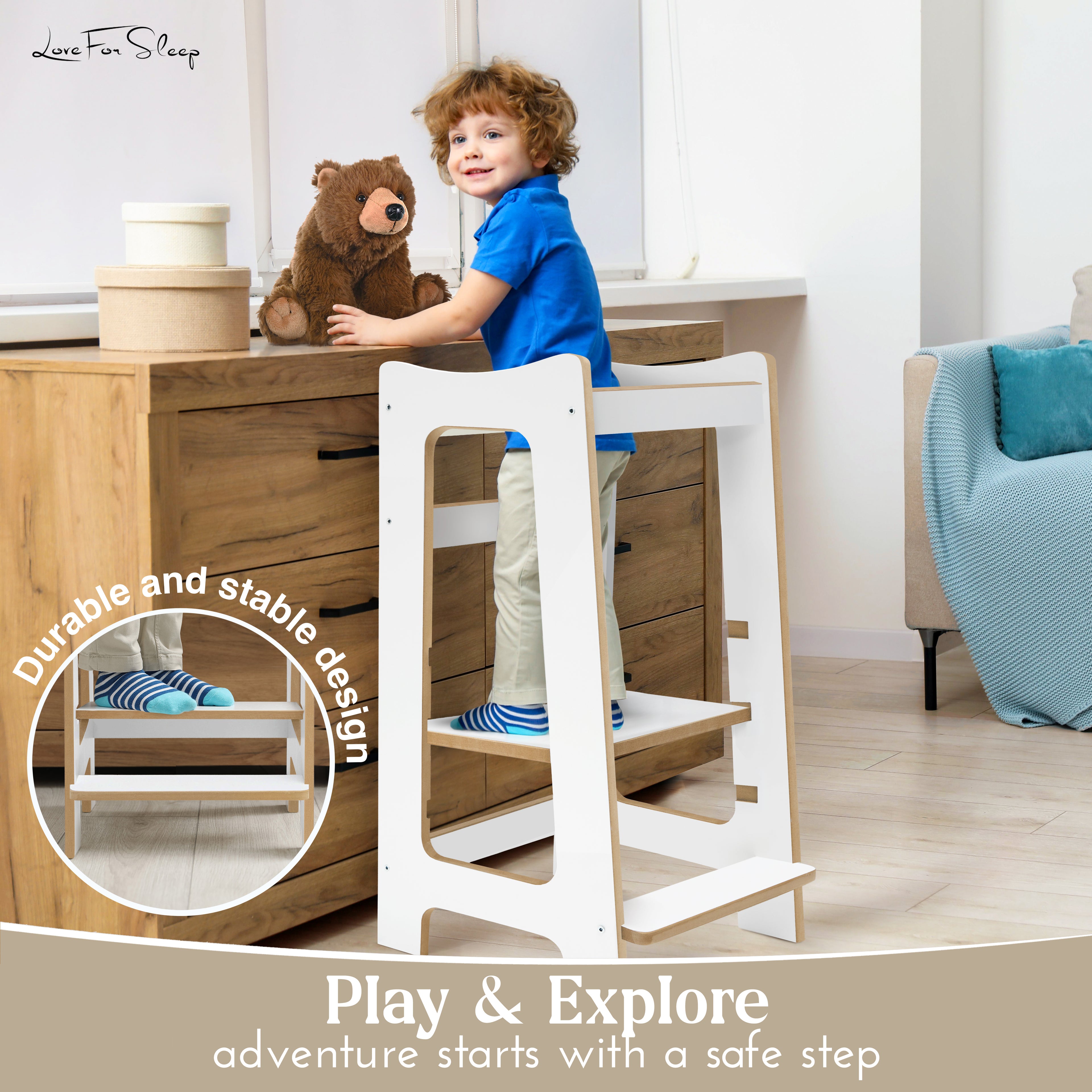 Love For Sleep baby Kitchen Helper Montessori Learning Tower & Step Stool Set – Adjustable Wooden Kitchen Helper for Toddlers | Modern DUO