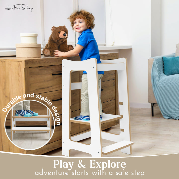 Love For Sleep baby Kitchen Helper Montessori Learning Tower & Step Stool Set – Adjustable Wooden Kitchen Helper for Toddlers | Modern DUO