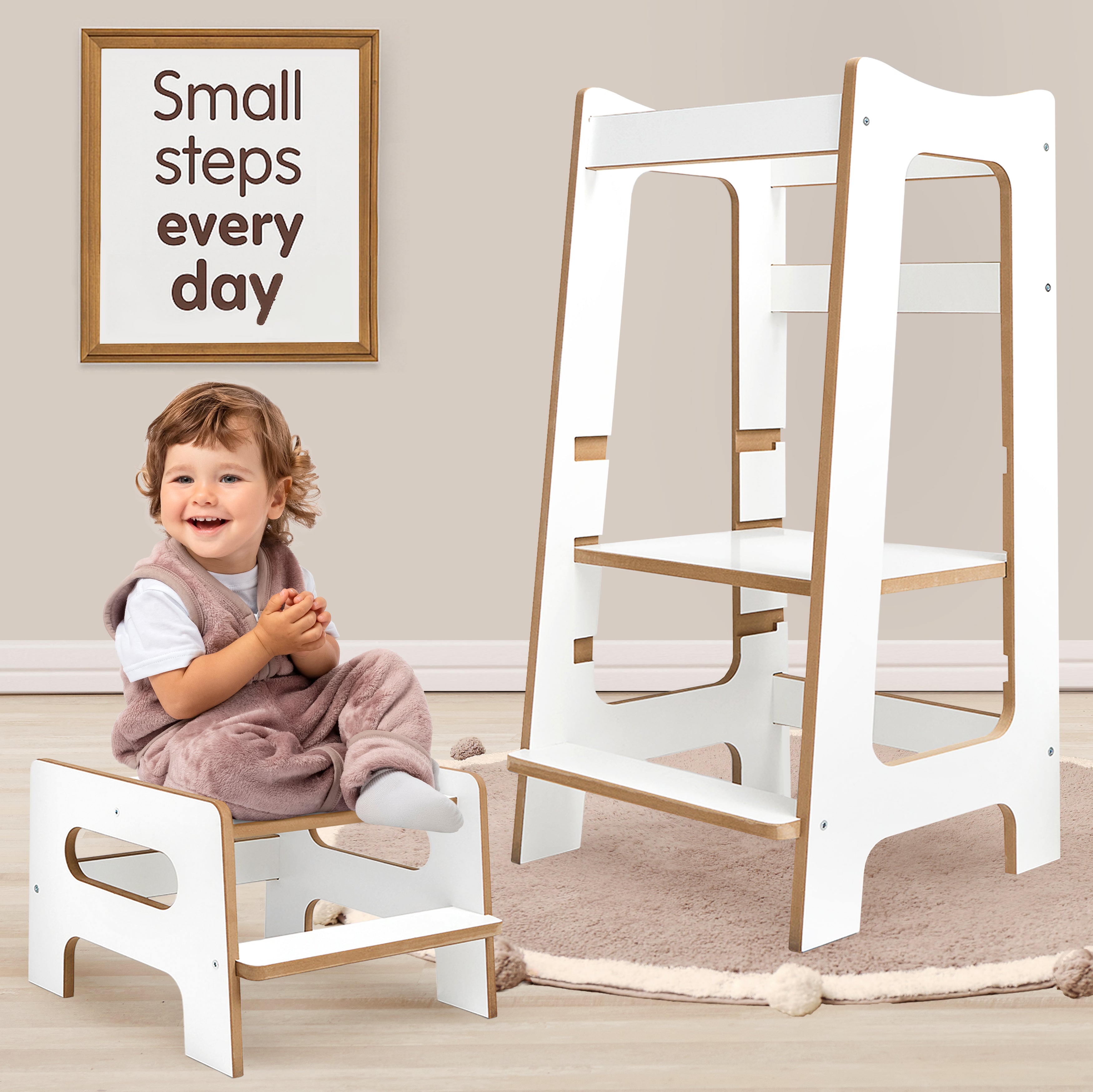 Love For Sleep baby Kitchen Helper White Pine Montessori Learning Tower & Step Stool Set – Adjustable Wooden Kitchen Helper for Toddlers | Modern DUO