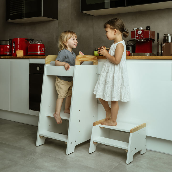 Love For Sleep baby Kitchen Helper White Pine Montessori Learning Tower & Step Stool Set – Adjustable Wooden Kitchen Helper for Toddlers | Nordic DUO