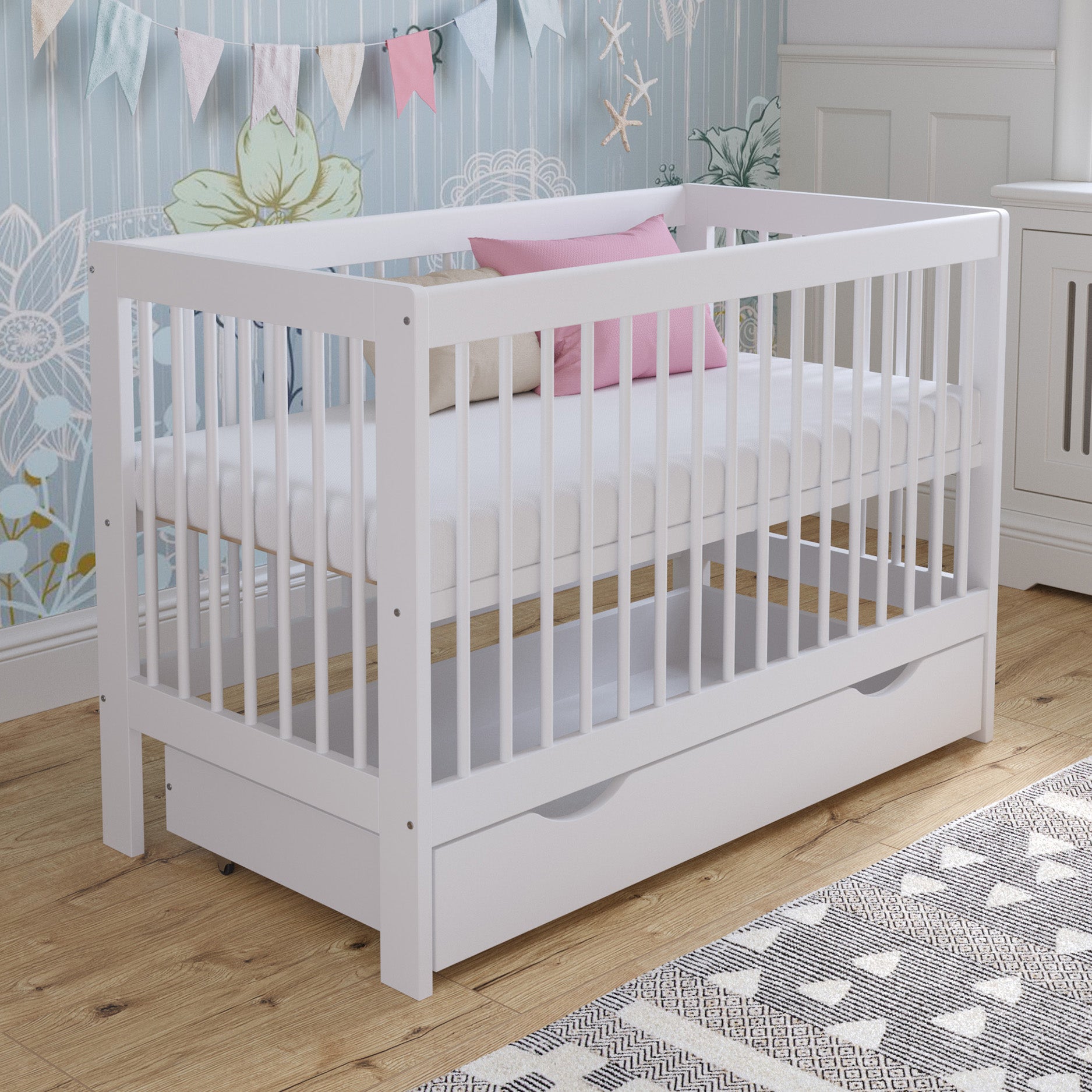 Love For Sleep baby Cot Bed White LUCA Cot Bed 120x60cm with Drawer