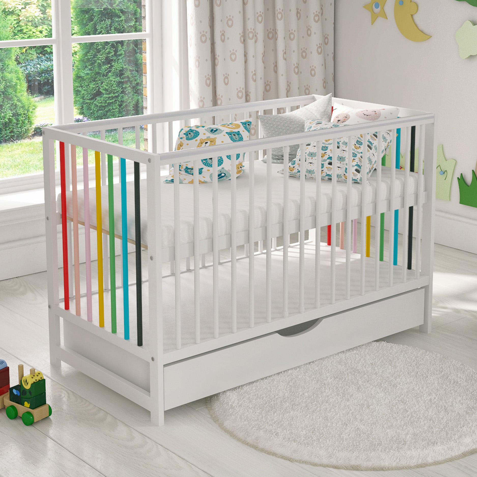 Love For Sleep baby Cot Bed Rainbow SUMMER Cot Bed 120x60cm with Drawer