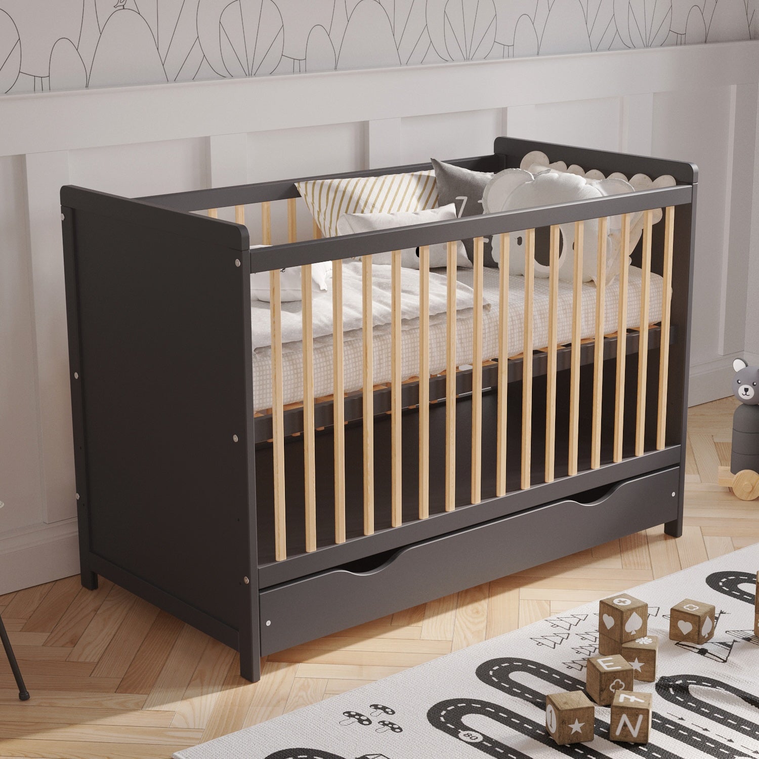 Love For Sleep baby Cot Bed Anthracite Pine TOKYO Cot Bed 120x60cm with Drawer